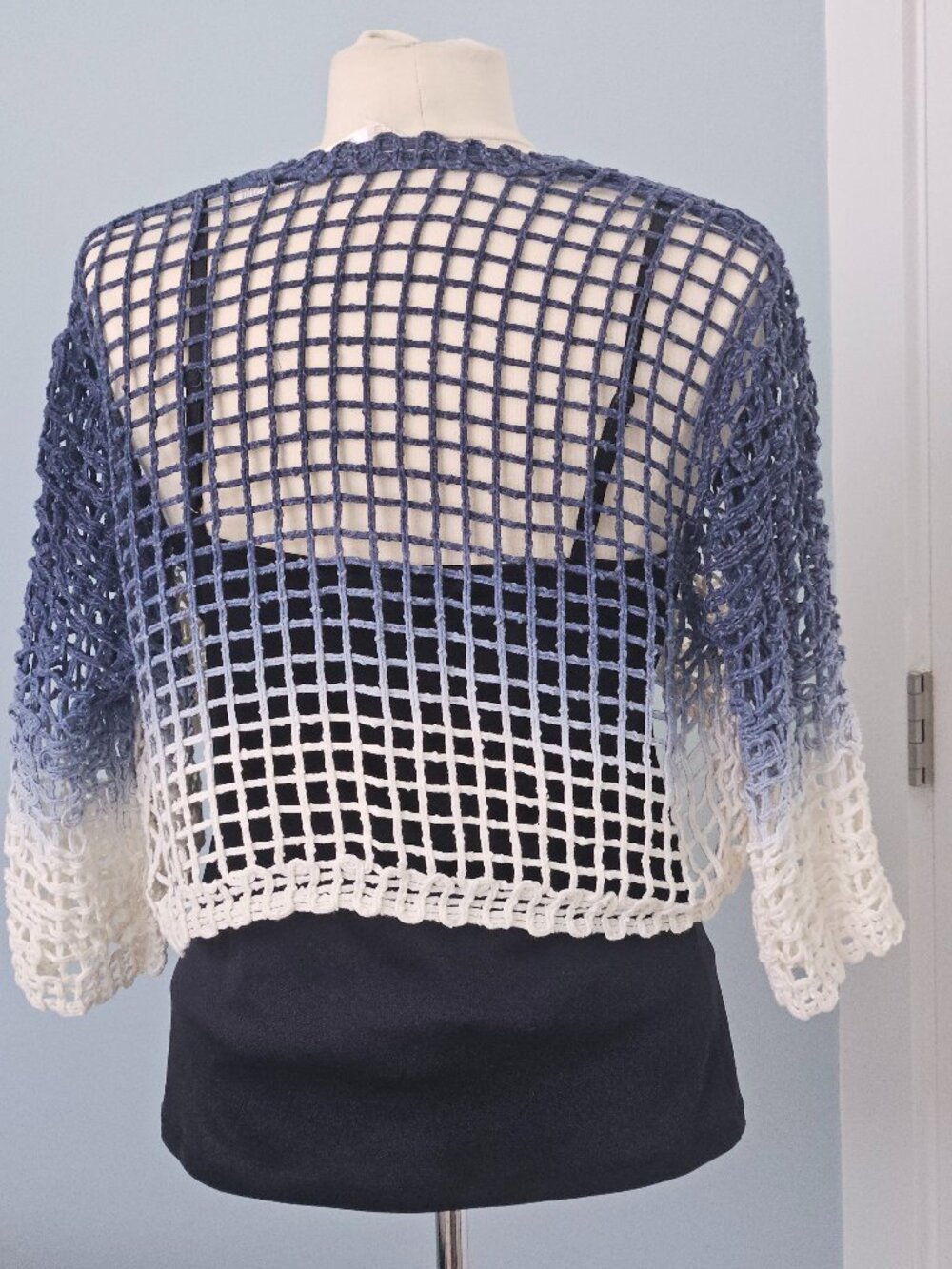 CHICOS CROCHETED SHRUG, BLUE OMBRE' DIP-DYED - Picture 3 of 6
